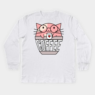 Cat in coffee cup with warped text holding coffee cup with heart wearing glasses pink Kids Long Sleeve T-Shirt